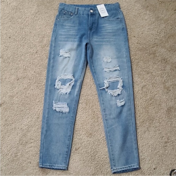 NXH Denim - light blue heavily distressed cuffed slight skinny leg jeans